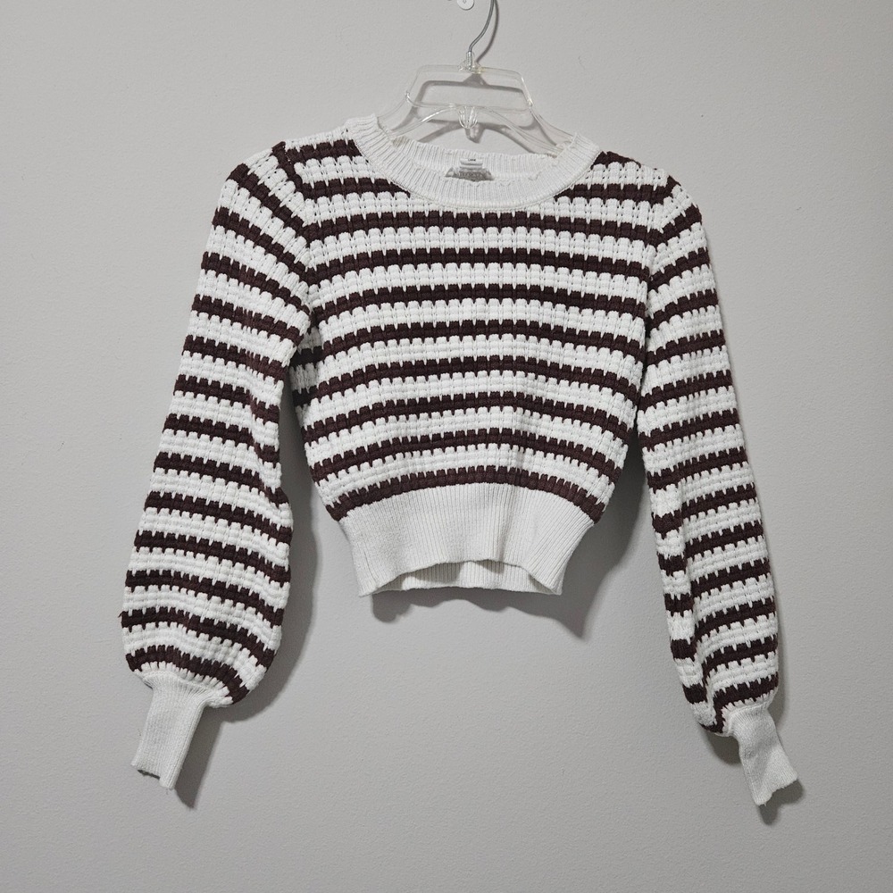 Faith & Zoe Womens XS Striped Cropped Sweater Balloon Sleeve Burgundy Cream Knit